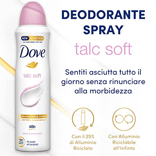Dove, Deodorante Spray Talc Soft, con 1/4 Crema Idratante, Fragranza di Talco, Antitraspirante, Senza Alcool, Pelle Asciutta Fino a 48 Ore, Deodorante Uomo e Donna, 150 ml