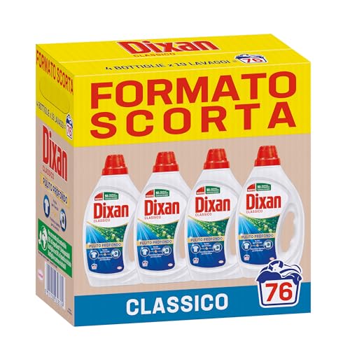 Dixan Liquido Classico Detersivo Lavatrice Formato Scorta (4 x 19 Lavaggi), Detersivo liquido lavatrice per una pulizia del bucato e freschezza igienica per la lavatrice, Rimuove le macchie da 20°C