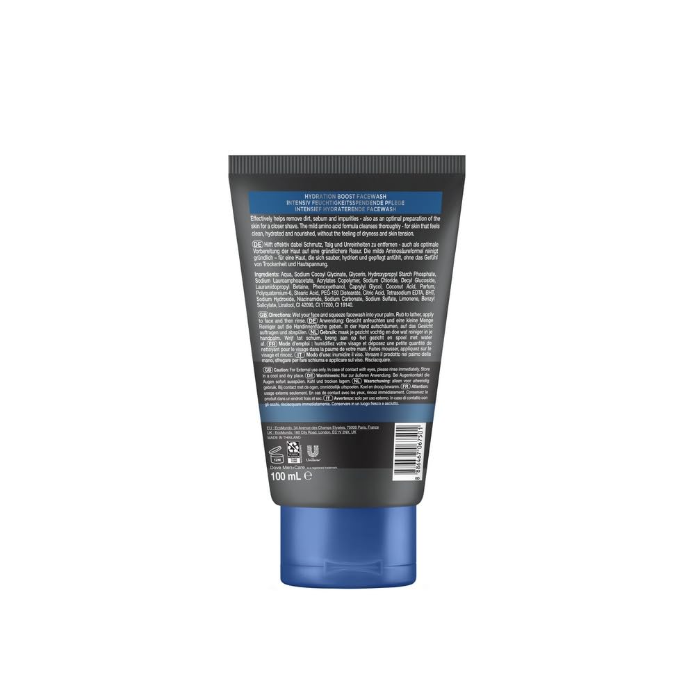 Dove Men+Care Facewash Hydration Boost – Cura della pelle per uomini – Detergente per il viso – idrata essenziale senza lasciare tensione, 1 x 100 ml