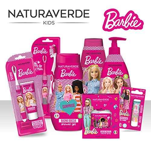 Naturaverde | Kids - Mattel Barbie - Kit Pulizia Orale per Bambini, Dentifricio Fragola e Caramello 25ml e Spazzolino con Setole Morbide, Dentifricio Barbie