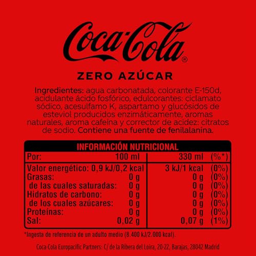 Refresco de Cola Coca Cola Zero lata pack 12x33 cl