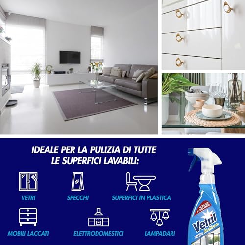 Vetril - Detergente Spray Vetri e Superfici con Antipolvere, Azione Antistatica e Brillantezza Senza Aloni, Ipoallergenico, 650 ml