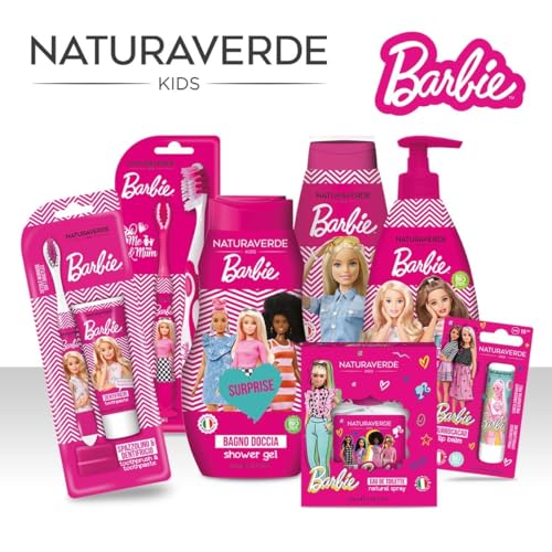 Naturaverde | Kids - Mattel Barbie - Kit Pulizia Orale per Bambini, Dentifricio Fragola e Caramello 25ml e Spazzolino con Setole Morbide, Dentifricio Barbie