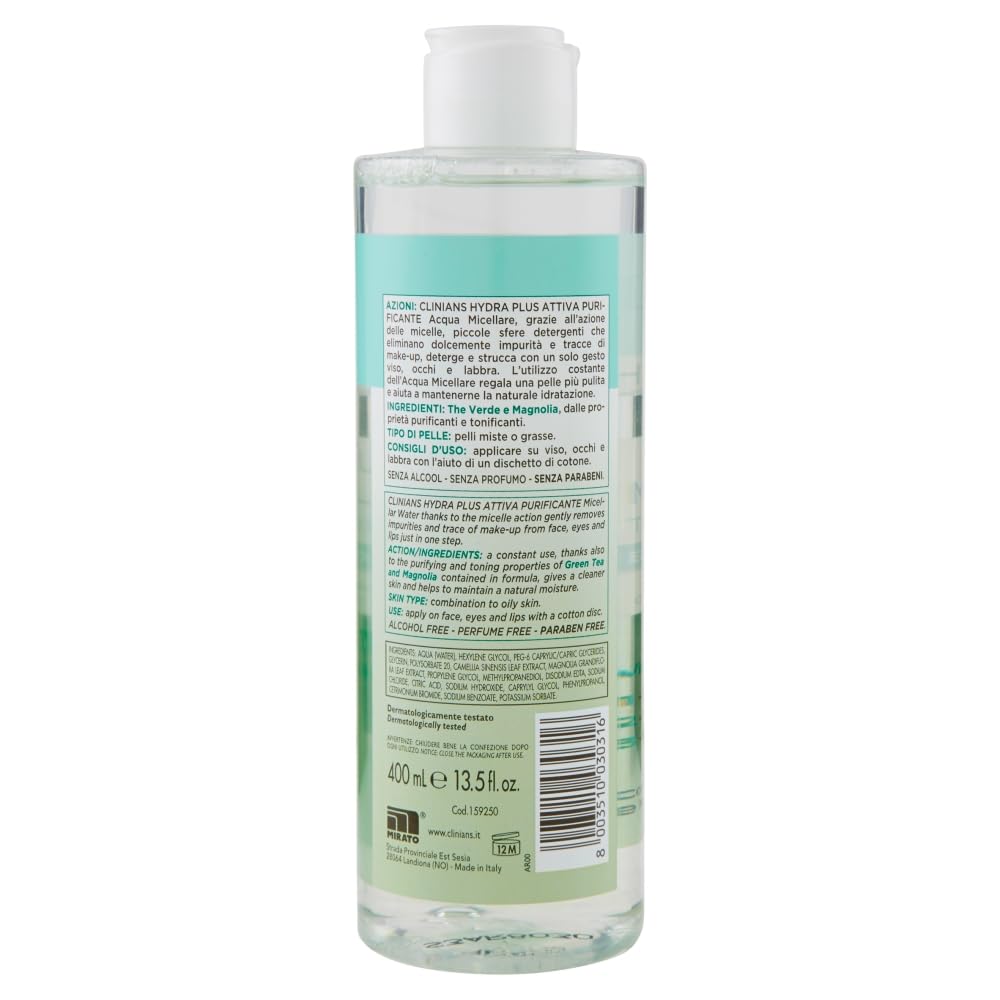 CLINIANS | Acqua Micellare Rimozione Trucco Purificante Hydra Plus Active, Dermatologicamente Testato, Deterge Delicatamente, Made in Italy, 400 ml
