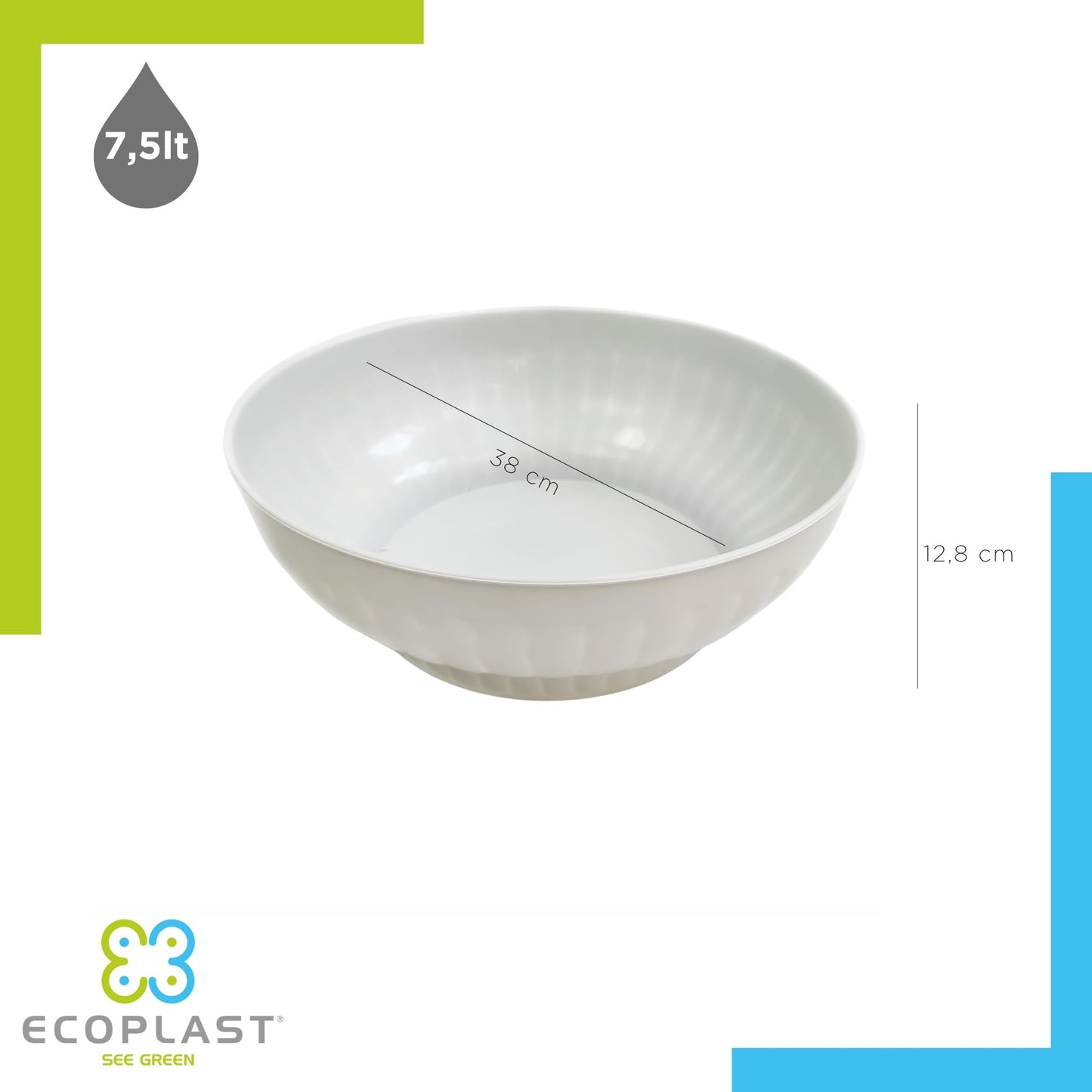 Ecoplast | Insalatiera in Plastica Costolata 7,5 Lt, Ciotola Cucina Bianca, ø38, Made in Italy