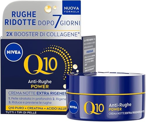 NIVEA Q10 Anti-Rughe Power Crema Viso Notte Extra Rigenerante 50 ml, Crema viso antirughe e idratante, Crema viso Acido Ialuronico, Coenzima Q10 e Creatina per un doppio booster di collagene