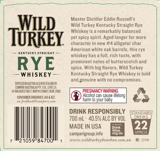 Wild Turkey - Rye, 70 cl, Kentucky Straight Rye Whiskey, 40,5% Vol