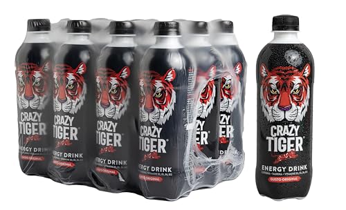 Crazy Tiger | Energy Drink Gusto Original, 12 Bottiglie da 50 cl PET Richiudibile, con Caffeina, Taurina, Vitamine, -50% di Zuccheri