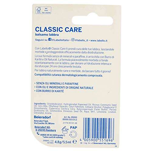 Labello Classic Care Formula senza Oli Minerali e Parabeni, 24h di idratazione