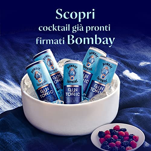 Bombay Sapphire Premium Gin & Tonic, Vol. 6,5%, 12 x 25 cl / 250 ml, cocktail pronto da bere premiscelato in lattina, London Dry Gin infuso al vapore, aromi naturali e acqua tonica premium
