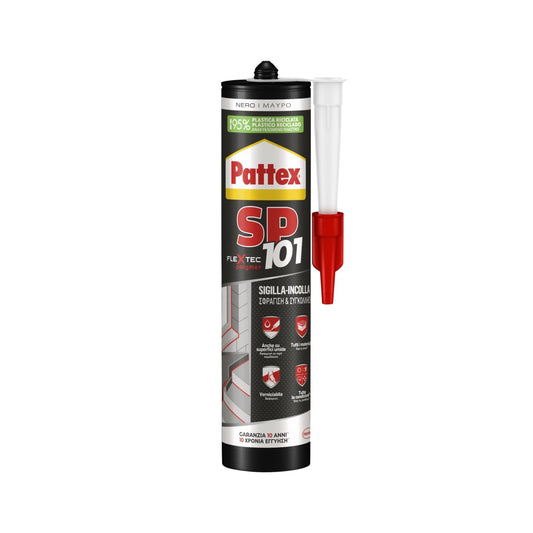 Pattex Sigillante Polimerico SP101, Sigilla e Incolla, Multimateriale, Elevate Prestazioni, Aderisce su Superfici Umide, Resiste ai Raggi UV, Per Specchi, Sigillante Nero, Cartuccia 280 ml