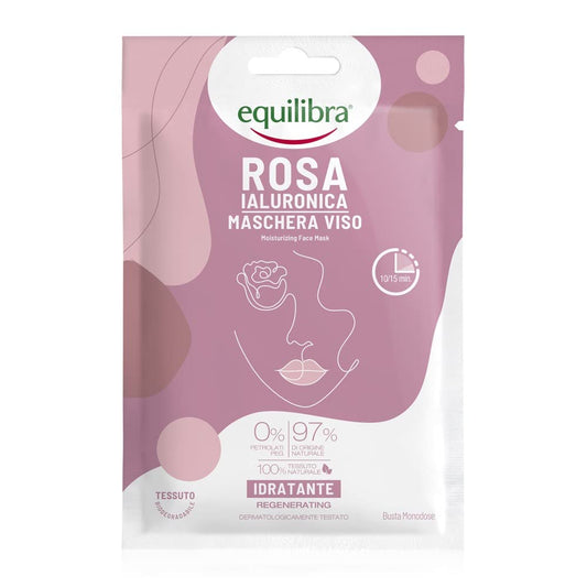 Equilibra Viso, Rosa Ialuronica Maschera Viso Idratante, Maschera in Tessuto 100% Naturale, Azione Idratante con Acqua di Rosa Fermentata, Acido Ialuronico, Olio di Avocado e Olio di Karité, Monodose