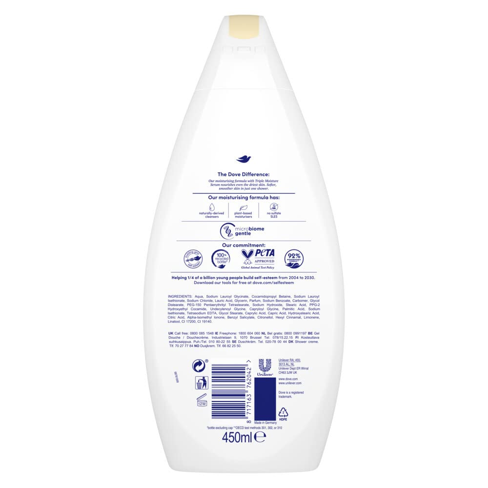 Dove Bagnoschiuma nutriente in seta, delicato con microbiome, per una pelle più morbida e liscia dopo una doccia, 450 ml