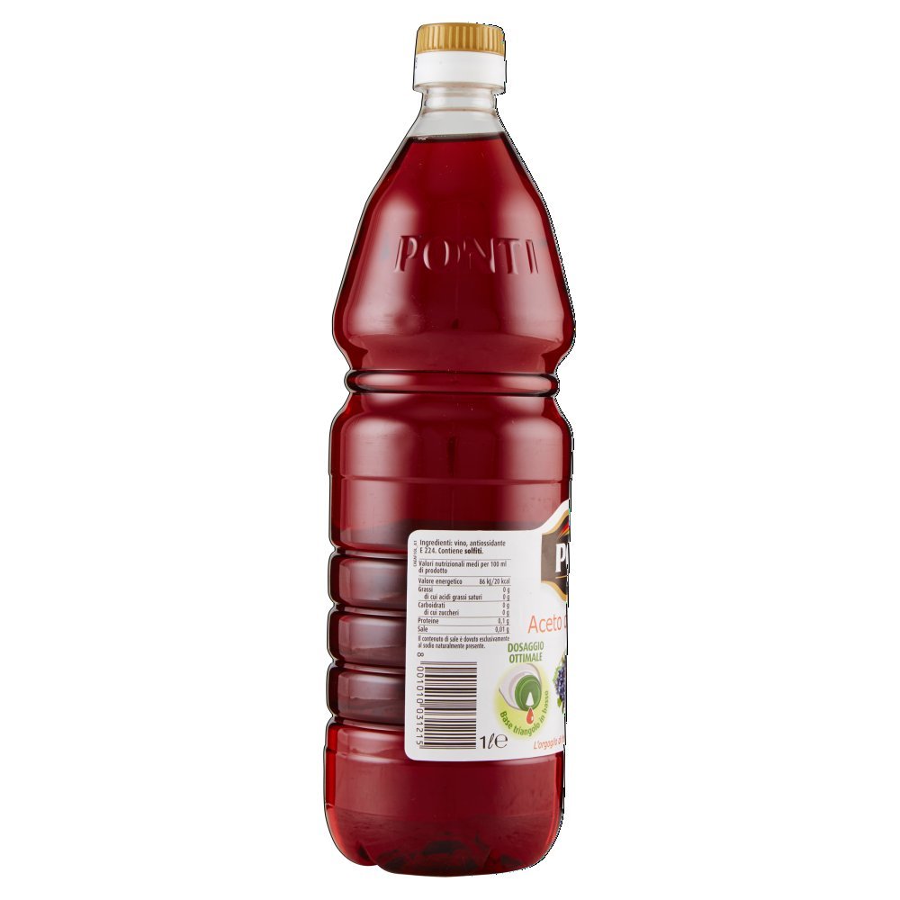 Ponti, Aceto di Vino Classico Rosso, Realizzato con Vini Selezionati, Ideale per Accompagnare Verdure Cotte e Crude, Acidità 6%, Profumo Deciso, 100% Made in Italy, 12 Bottiglie in PET da 1L