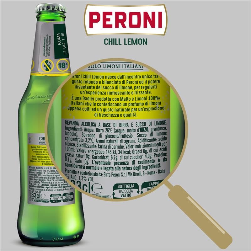 Peroni Chill Lemon Birra al Limone, Cassa Birra con 24 Birre in Bottiglia da 33 cl, 7.92 L, Birra Radler dal Gusto Naturale di Limoni Aspro e Bilanciato, Gradazione Alcolica 1.3% Vol