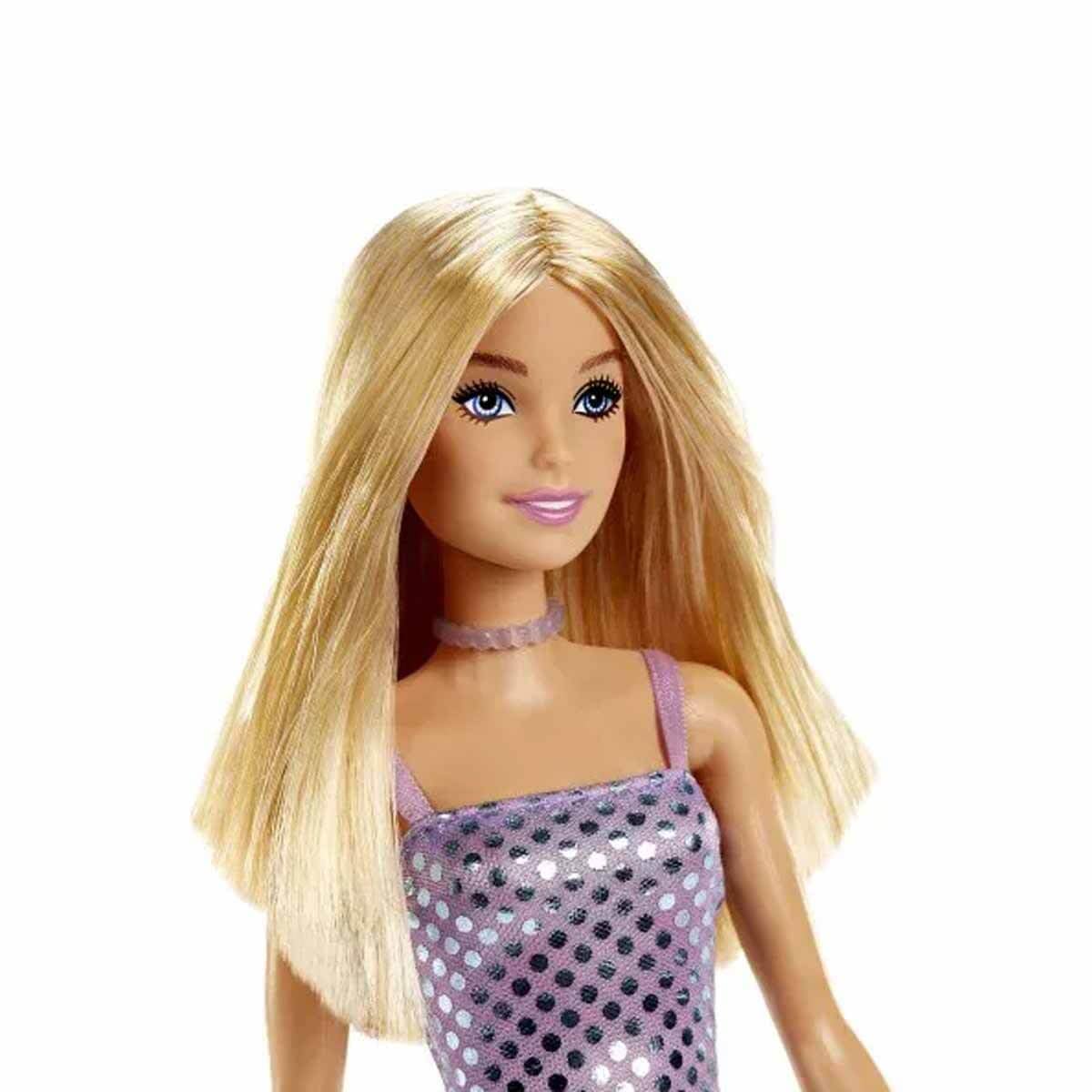 Barbie® Bambola, Giocattoli per bambini, Capelli biondi, Mini abito metallico lavanda, Abbigliamento e accessori alla moda, Regali per bambini