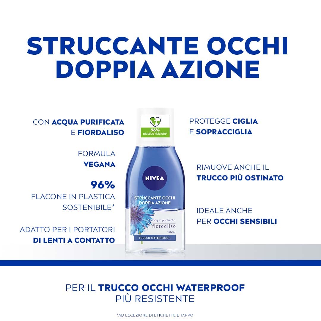 NIVEA Struccante Occhi Doppia Azione in Confezione da 6 x 125 ml, Struccante Bifasico con Estratti di Fiordaliso per pulizia viso, Detergente Struccante Adatto al Trucco Waterproof