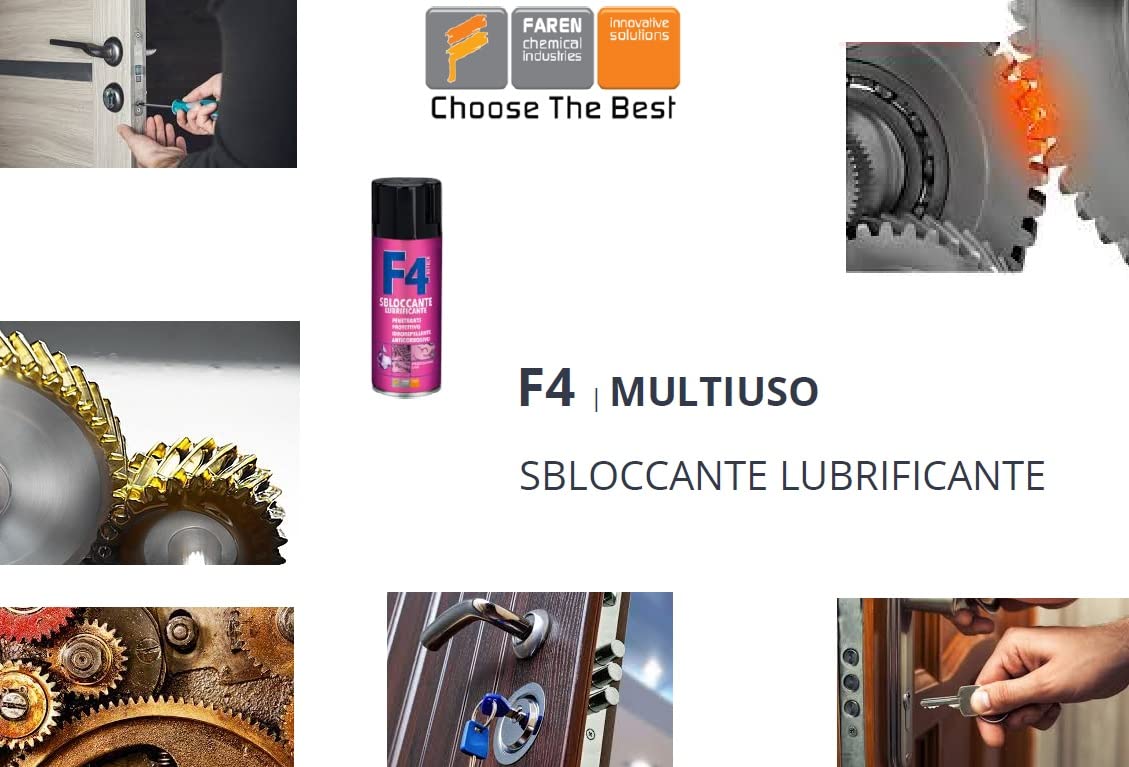 Faren F4, Sbloccante Lubrificante Multifunzione Spray,Penetrante, Idrorepelle, Anticorrosivo,ideale per bulloni, serrature,meccanismi da ruggine, ingranaggi etc., 400ml