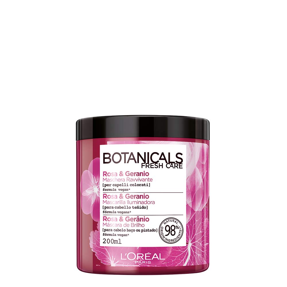 L'Oréal Paris Maschera Capelli Botanicals, Maschera per Capelli Colorati o Spenti, Rimedio di Brillantezza, Rosa e Geranio, 200 ml, Confezione da 1