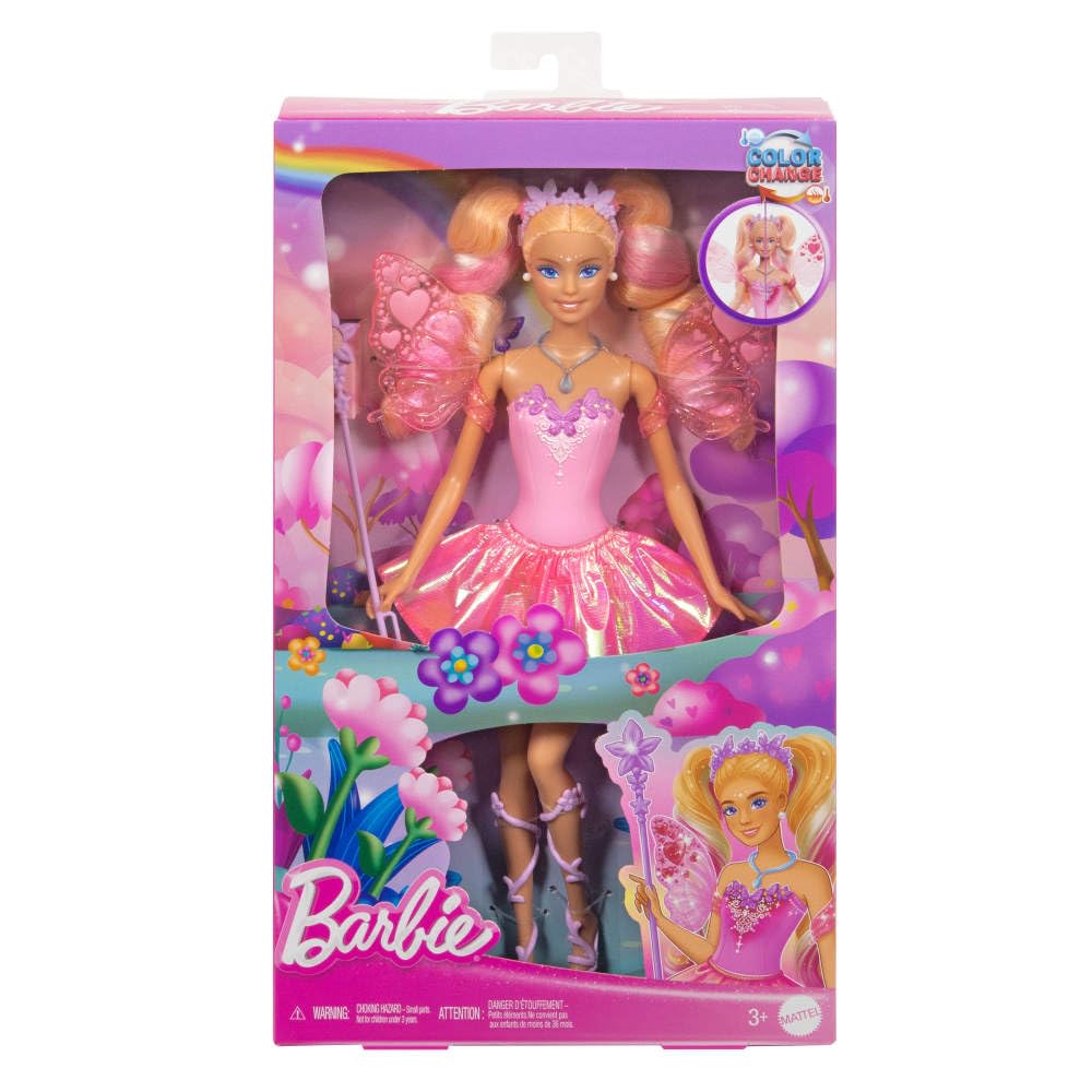 Barbie - Fata con bacchetta stellata, bambola a tema fantasy con capelli bondi, ali e outfit cambia colore in acqua calda e fredda, giocattolo per bambini, 3+ anni, JCP76