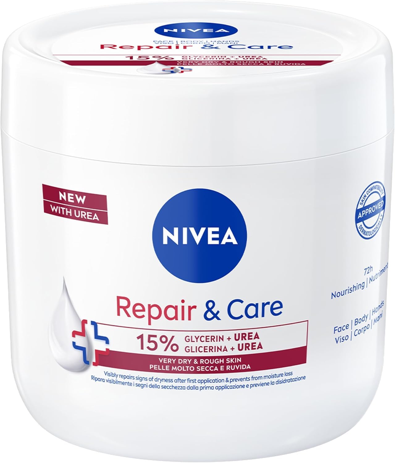 NIVEA Crema Repair & Care Urea 400 ml, Crema corpo idratante pelle secca, molto secca e ruvida, Crema multiuso per corpo, viso e mani con Glicerina e Urea per nutrimento profondo e idratazione 72h