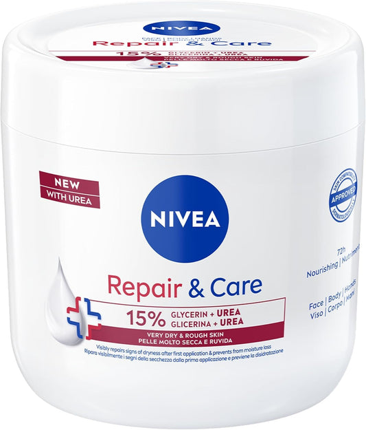 NIVEA Crema Repair & Care Urea 400 ml, Crema corpo idratante pelle secca, molto secca e ruvida, Crema multiuso per corpo, viso e mani con Glicerina e Urea per nutrimento profondo e idratazione 72h