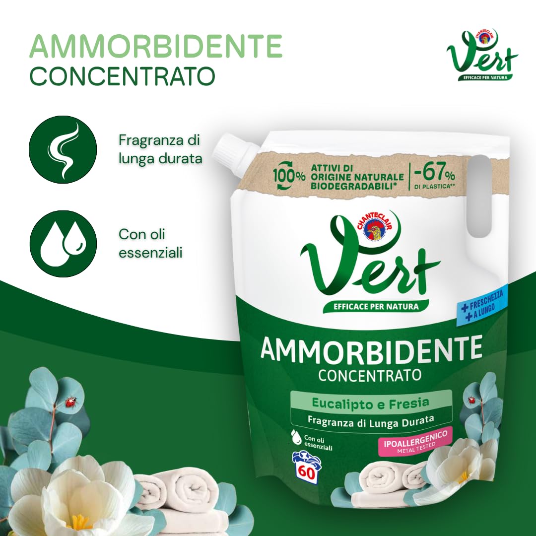 Vert - Ammorbidente Lavatrice Concentrato - Aroma Eucalipto e Fresia, Fragranza di Lunga Durata, 100% Origine Naturale, con Oli Essenziali ed Ipoallergenico - Flacone da 1200 ml, 60 Lavaggi