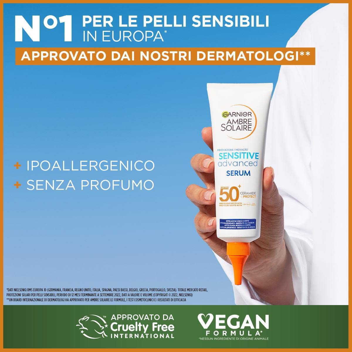 Garnier Siero Corpo Protettivo Sensitive Advanced, Per Pelli Sensibili, Protezione SPF 50+, Resistente All'Acqua, Con x2 Ceramidi, Ambre Solaire, 125 ml