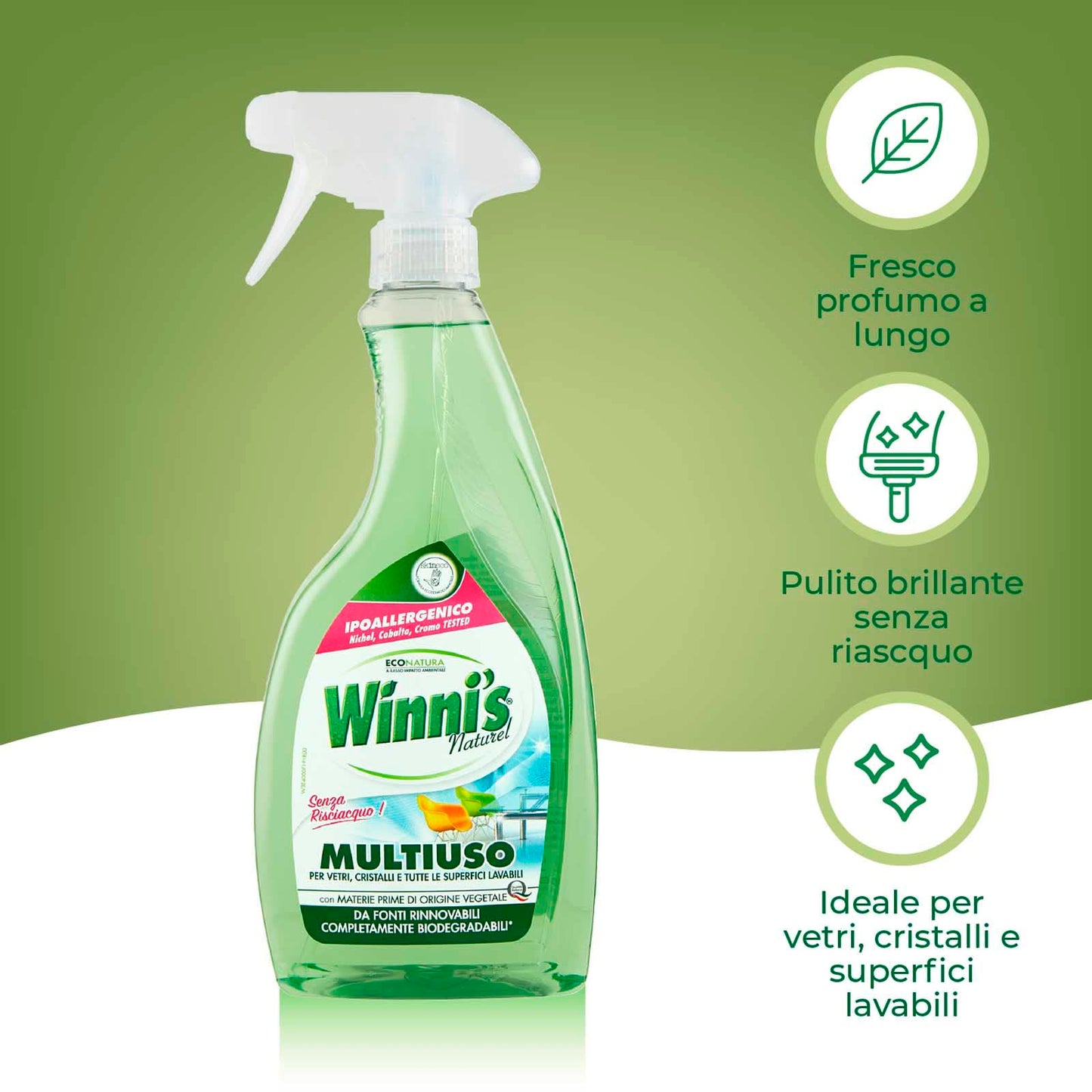 Winni's Naturel Multiuso Detergente Spray per Tutte le Superfici Senza Risciacquo Ipoallergenico con Materie Prime di Origine Vegetale Completamente Biodegradabili - 4 Flaconi da 500ml