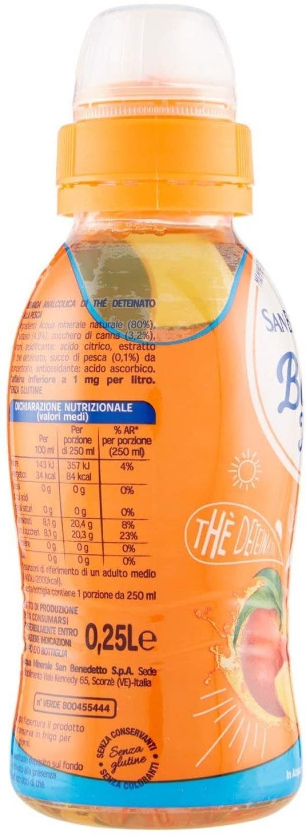 San Benedetto - Bevanda Analcolica di The' Deteinato alla Pesca - 24 pezzi da 250 ml [6 l]