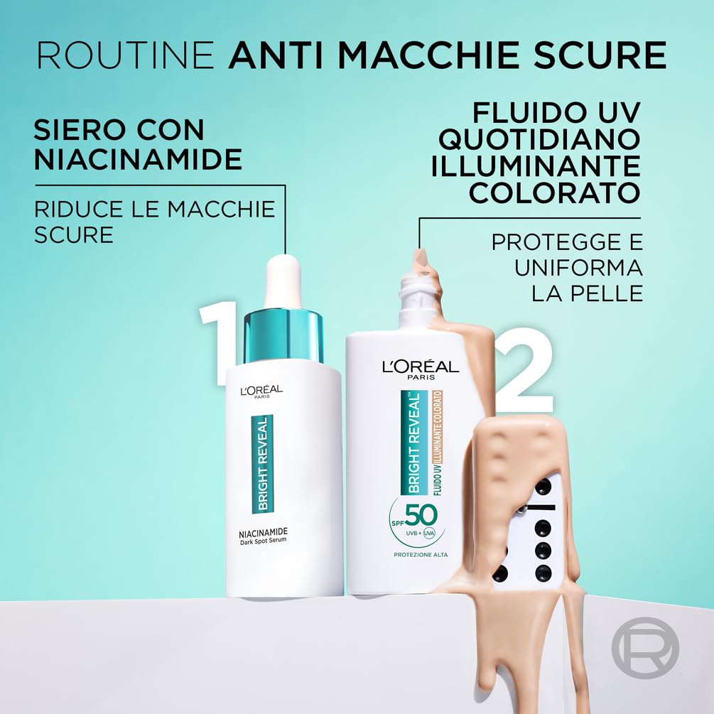 L'Oréal Paris Fluido UV Anti-Macchie, Per Tutti i Tipi di Pelle, Incarnato Luminoso, Macchie Scure e imperfezioni Meno Visibili, Con Niacinamide e SPF50, Bright Reveal, Tonalità: Light, 50 ml
