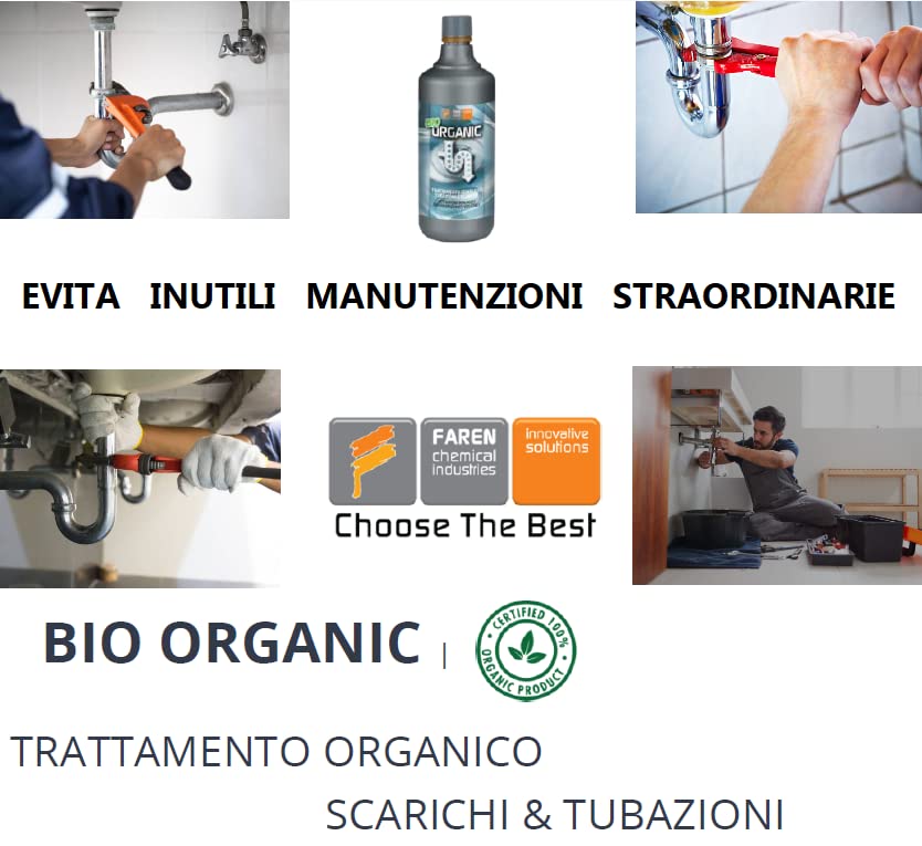 Faren BIO ORGANIC, Disgorgante Organico per il Trattamento di Scarichi, Tubazioni, Fosse Biologiche, con Attivatori Biologici in alta concentrazione, Elimina Odori, 1 Lt