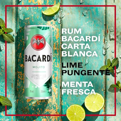 BACARDÍ Mojito, Vol. 5%, 12 x 25 cl / 250 ml, cocktail premixato pronto da bere in lattina, creato con Rum BACARDÍ Carta Blanca e miscelato con Lime e Menta