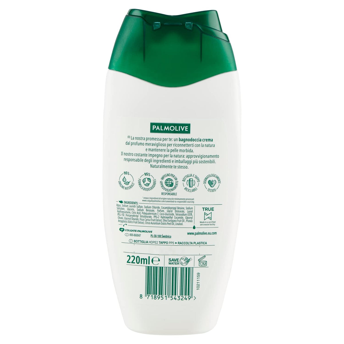 Palmolive Bagnoschiuma Naturals Oliva Verde e Latte Idratante, 220ml