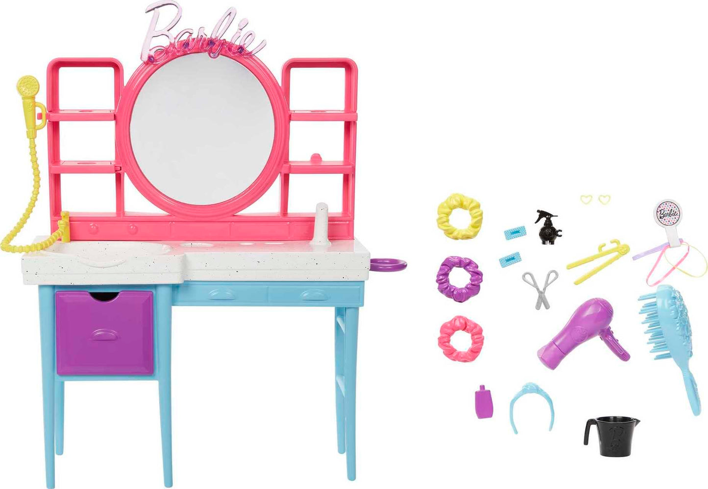 Barbie - Playset Salone di Bellezza Bambola Super Chioma, include 1 bambola con capelli lunghi cambia-colore, abito pied-de-poule e 15+ accessori per capelli, giocattolo per bambini, 3+ anni, HKV00