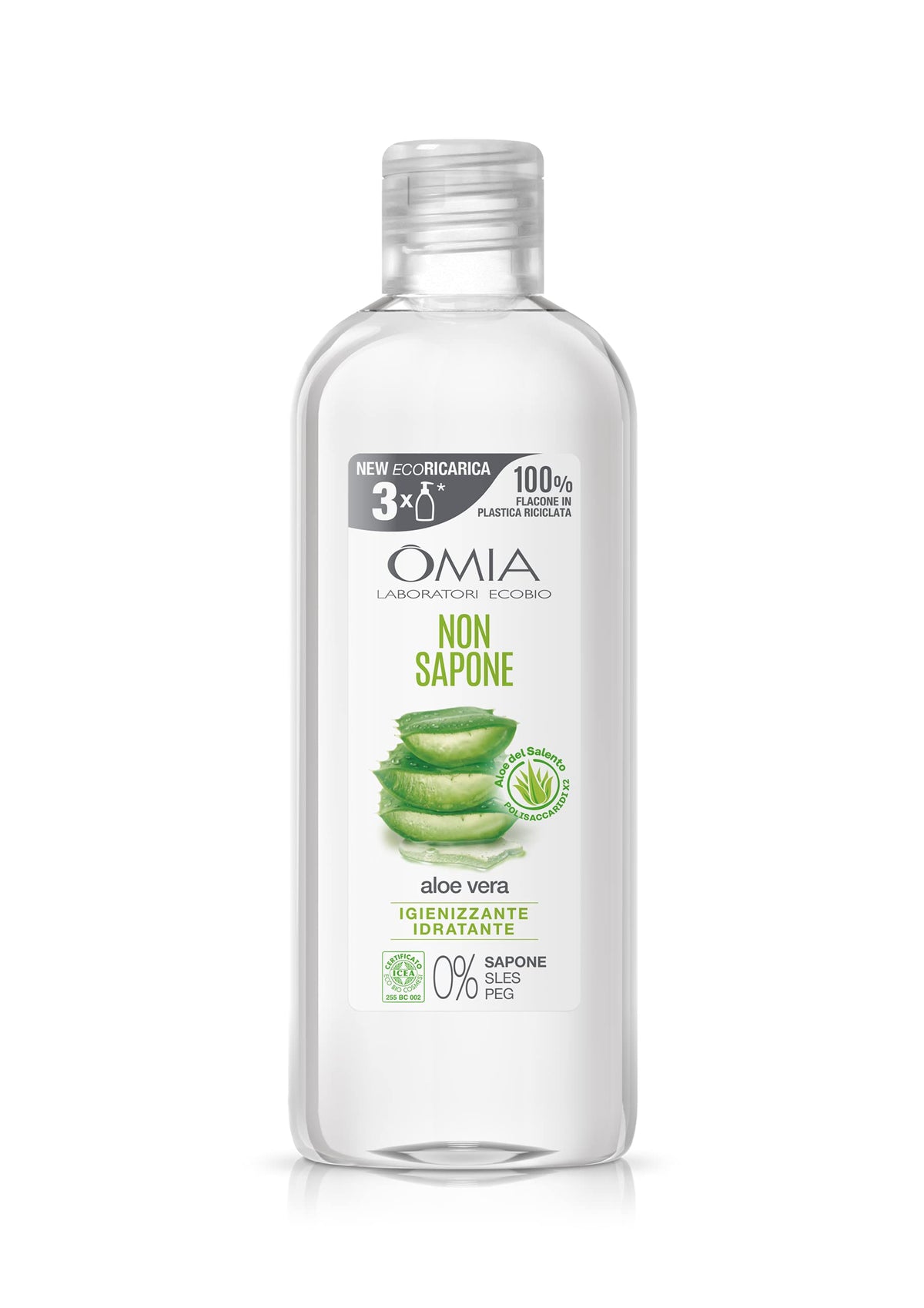 Omia - Non Sapone Eco Bio con Aloe Vera del Salento, Sapone Liquido per le Mani e per il Viso, Azione Idratante, Addolcente e Rinfrescante, Dermatologicamente Testato - Flacone da 750 ml