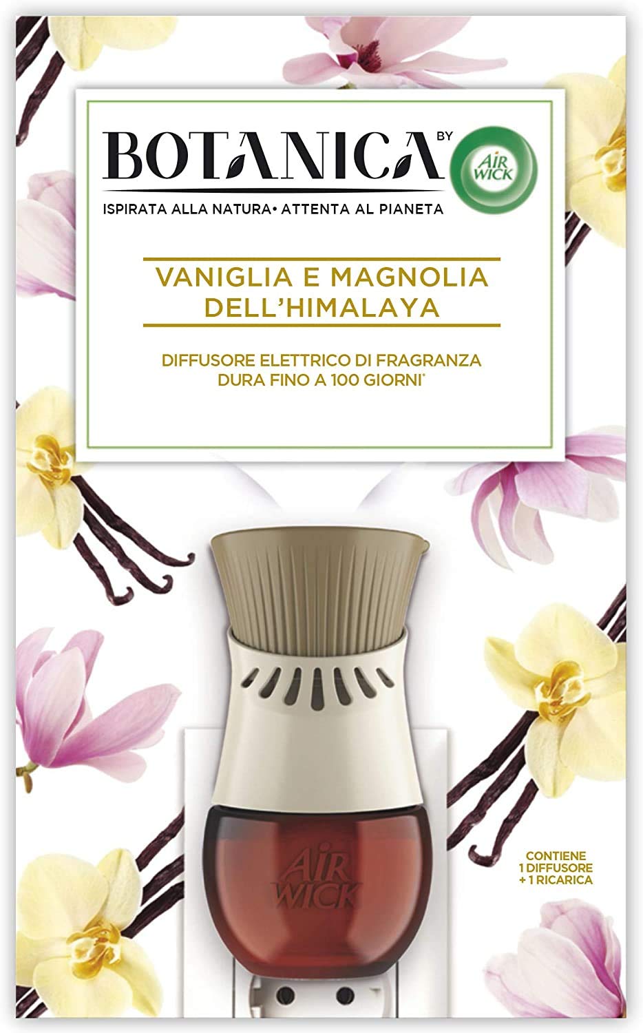 Airwick Botanica Diffusore Elettrico di Oli Essenziali, Confezione con 1 Profumatore per Ambienti e 1 Ricarica alla Fragranza di Vaniglia e Magnolia dell'Hymalaia, Profumatore per Ambienti Elettrico