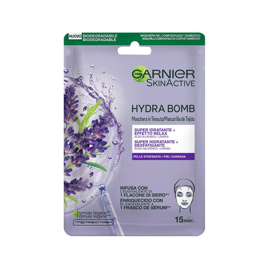 Garnier Maschera in Tessuto Skin Active Hydra Bomb, Super Idratante ed Effetto Relax, Con Acido Ialuronico e Lavanda, Per Pelli Stressate, 28 gr