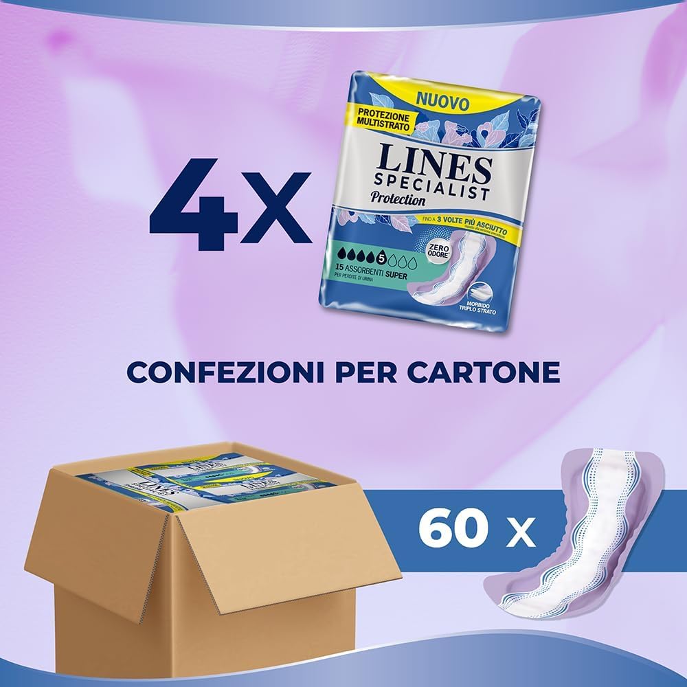 Lines Specialist Protection Super, Assorbenti per Incontinenza Donna, Tecnologia Zero Odore e Protezione Multistrato, Minimo Ingombro, Scorta Mensile, 4 Confezioni da 15 Unità