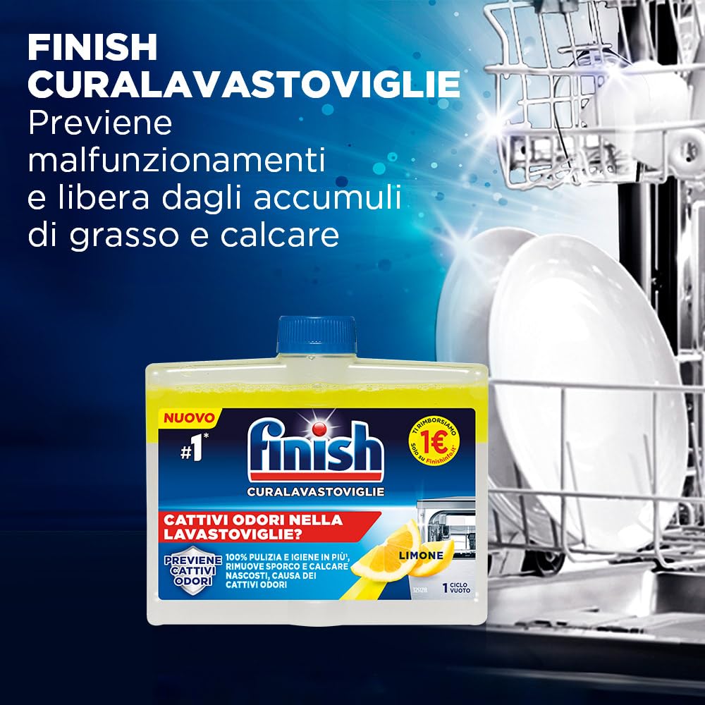 Finish Kit Lavastoviglie, 80 Pastiglie Ultimate Infinity Shine al Limone contro lo Sporco e i Residui Incrostati, Brillantante Lemon 500ml, Curalavastoviglie al Limone 250ml, Cristalli di Sale 1kg