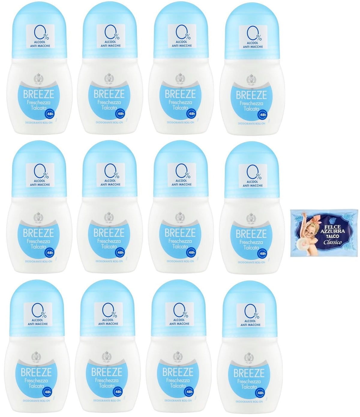 12x BREEZE Freschezza Talcata Deodorante Roll On 50ml + 1 Confezione di Talco Felce Azzurra in omaggio, Busta da 100g