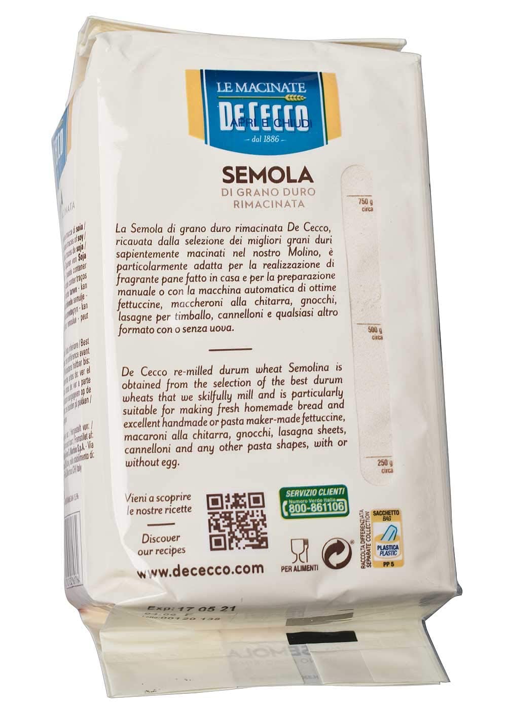 De Cecco - HartweizengrieÃŸ - Re-milled durum wheat semolina (4 x 1 kg)