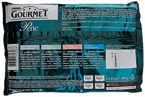 Purina Gourmet Perle Piaceri del Mare Umido Gatti con Salmone, Platessa, Tonno e Pesce dell'Oceano, 4 buste da 85g