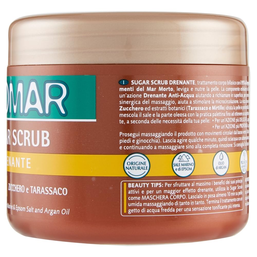 GEOMAR | Sugar Scrub Corpo Drenante, Con Sale Marino, Sale di Epsom, Olio di Argan ed estratti di Zucchero e Tarassaco, 95% di Origine Naturale, Made in Italy, 600 g