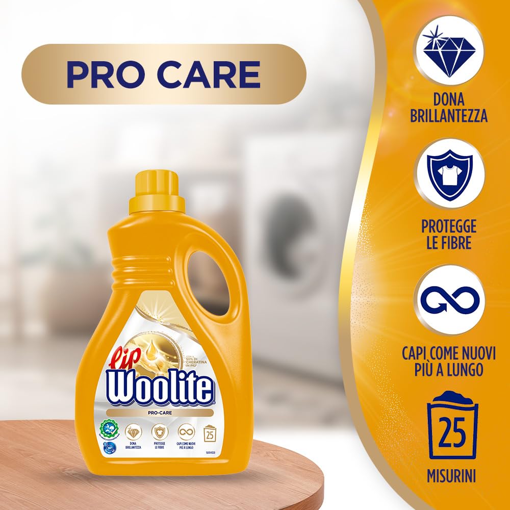 Lip Woolite Detersivo Lavatrice Pro-Care 25 Lavaggi, 4 confezioni da 1500 ml di Detersivo Lavatrice Liquido Pro-Care con Cheratina
