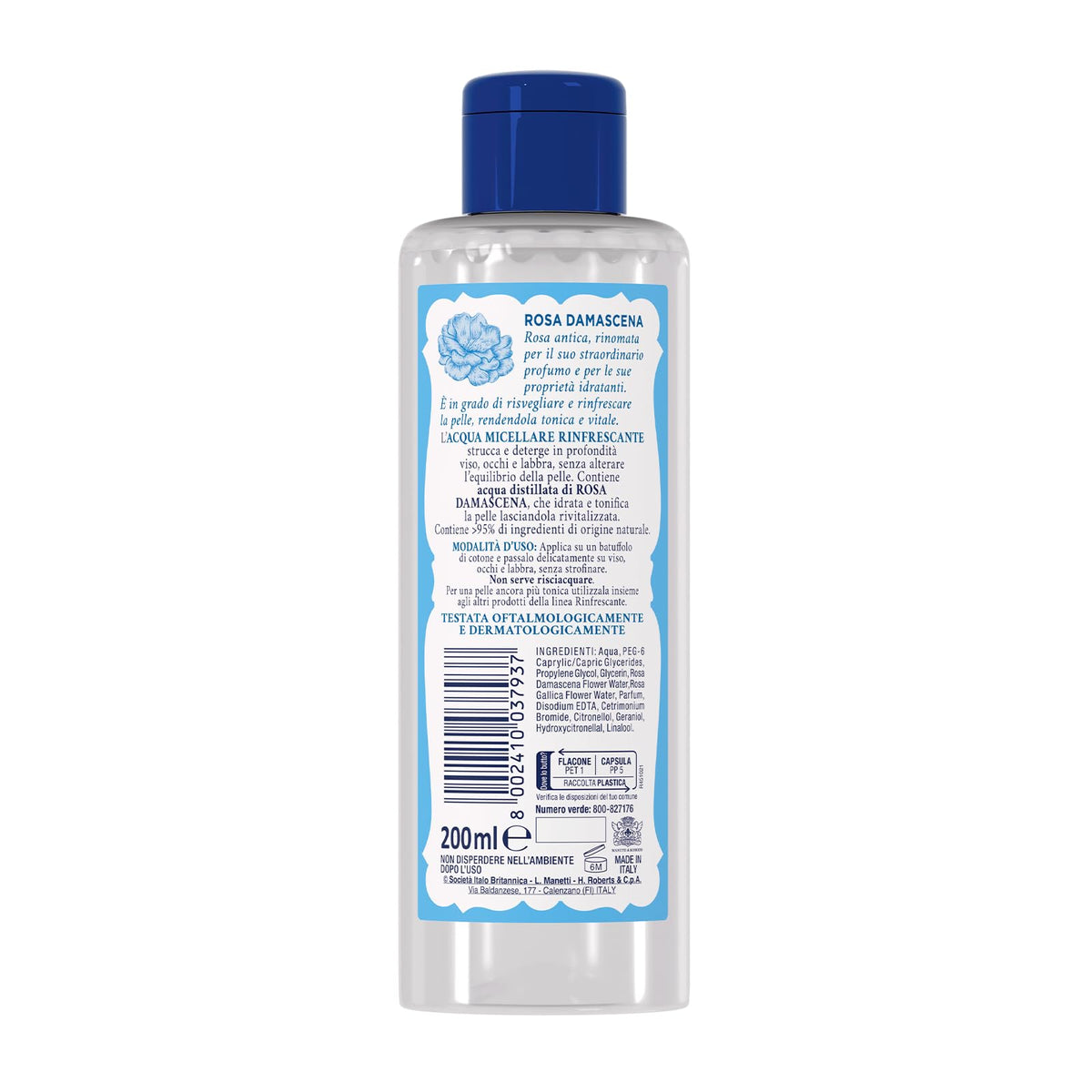 Acqua alle Rose, Acqua Micellare Rinfrescante per Tutti i Tipi di Pelle, Strucca e Deterge Viso, Occhi e Labbra, con Acqua Distillata di Rosa Damascena per Rivitalizzare, Senza Risciacquo, 200 ml