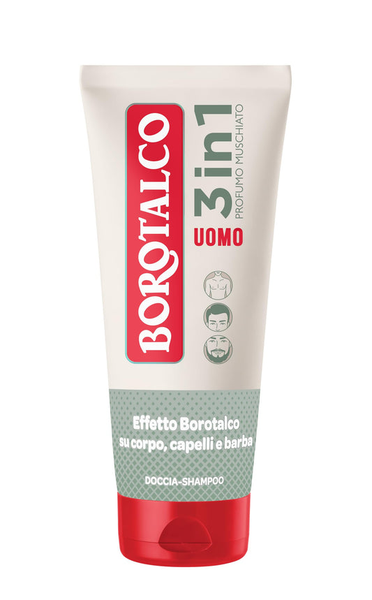 Borotalco, Doccia-shampoo Uomo 3in1 Corpo, Capelli e Barba, Profumo Muschiato, Corpo, Capelli e Barba Puliti, Morbidi e Profumati, Dermatologicamente Testato - 200 ml