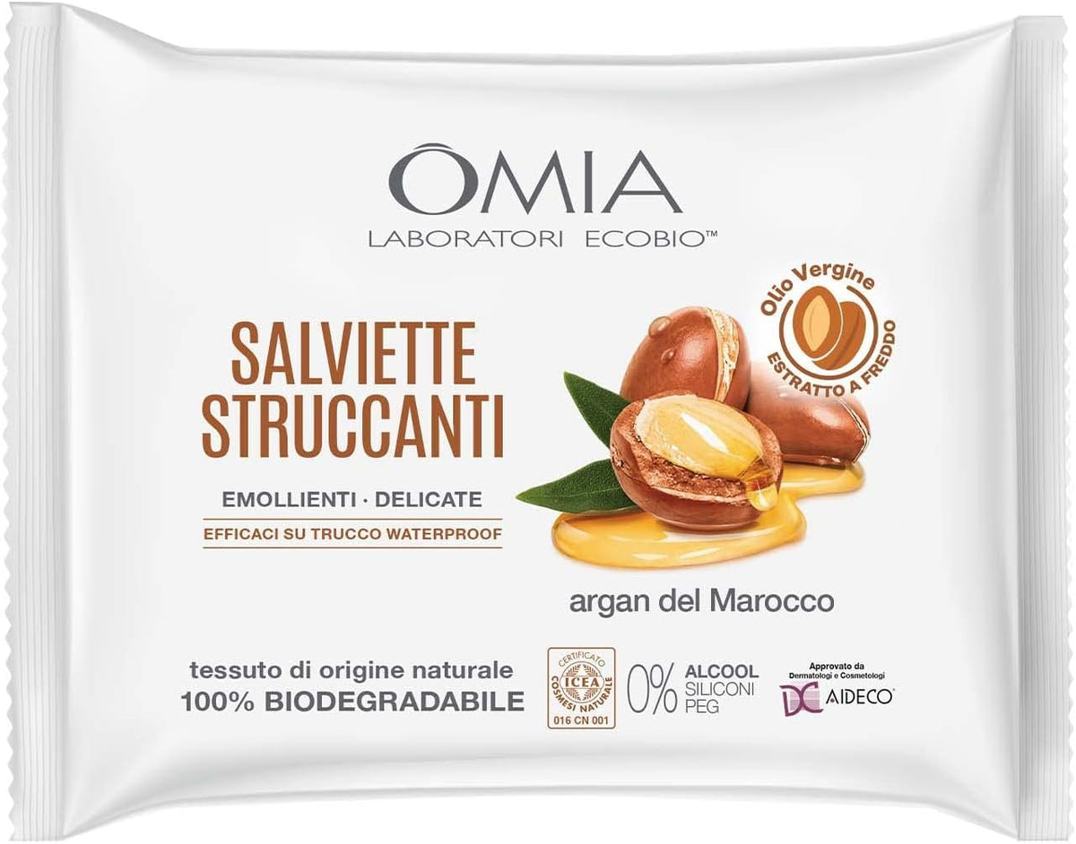 Omia Salviette Struccanti Emollienti Delicate con Argan del amrocco, 1 confezione da 20 salviette