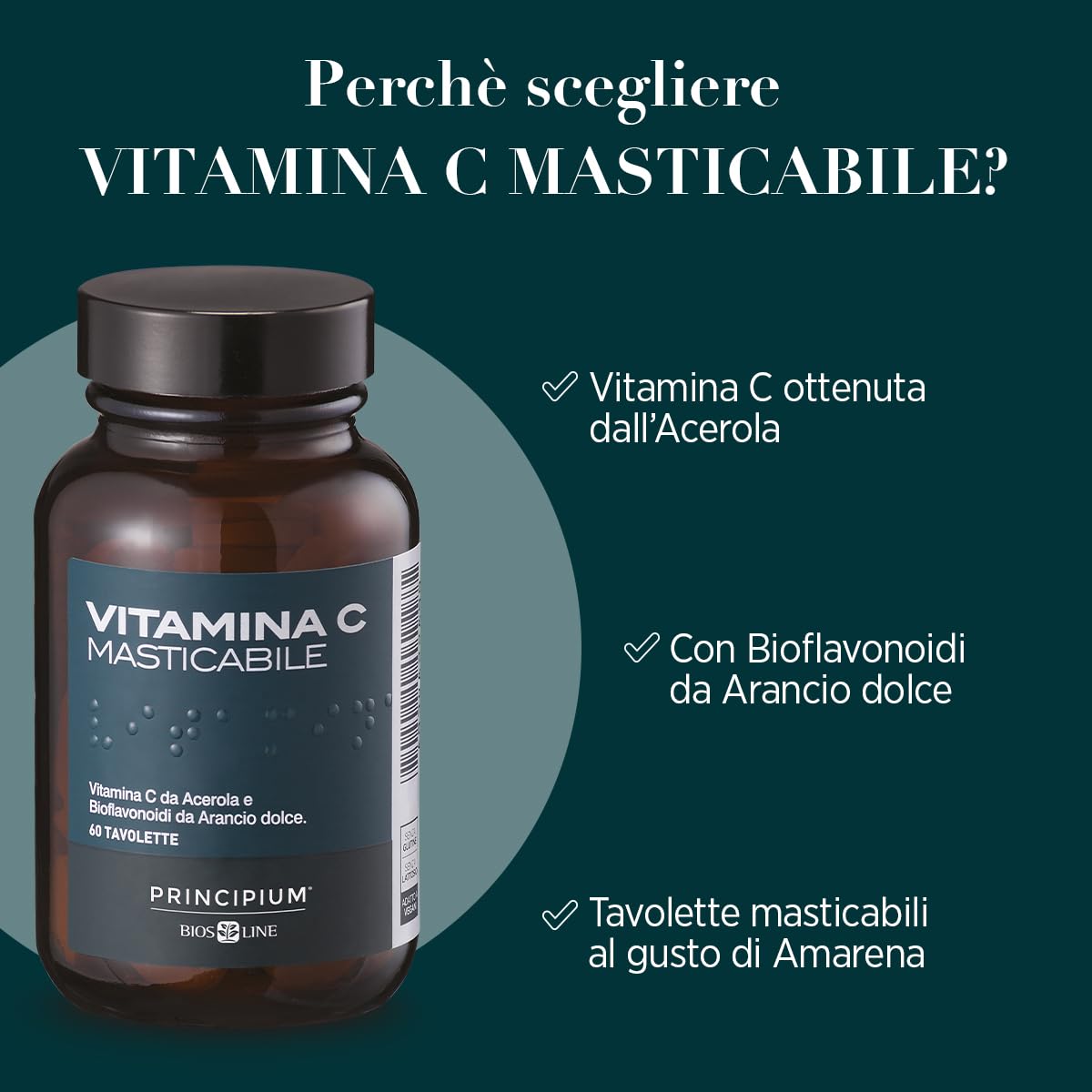 BIOS LINE Principium Vitamina C Masticabile, Integratore Alimentare Naturale di Vitamina C, Gusto Amarena