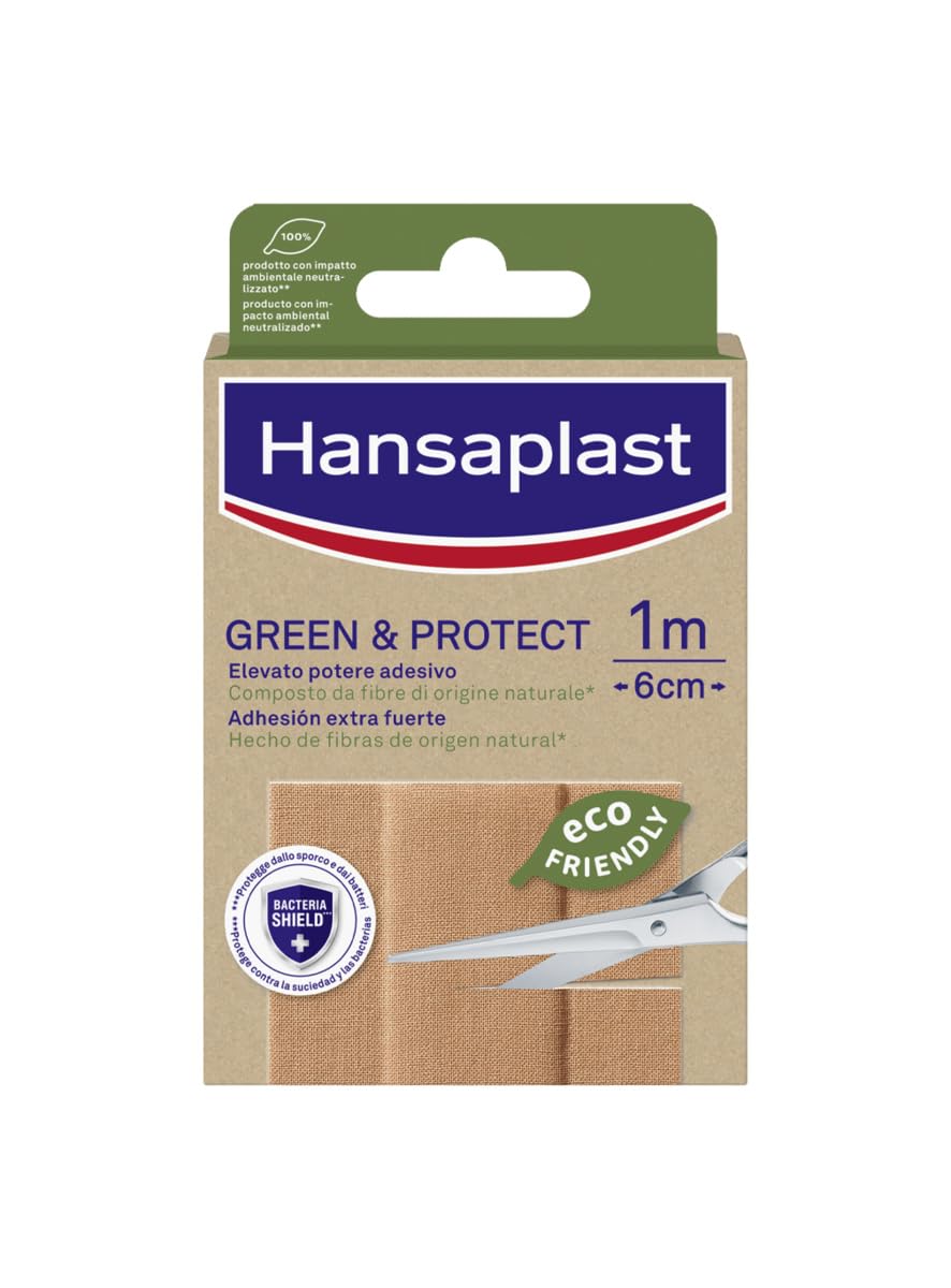 Hansaplast Cerotti GREEN & PROTECT, Cerotti impermeabili e sostenibili, Realizzati con resistenti fibre di origine naturale*, 1 Confezione in striscia da 1m x 6cm